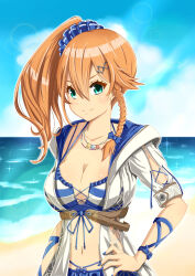 Rule 34 | 1girl, beach, blue eyes, blue sky, braid, breasts, cleavage, cloud, double-parted bangs, hair between eyes, hair ornament, hairpin, hand on own hip, highres, karja balta, large breasts, light rays, long hair, looking at viewer, midriff, nail polish, navel, ocean, outdoors, ponytail, short sleeves, side ponytail, sky, smile, solo, sunbeam, sunlight, ys, ys x nordics, zhang woo rong