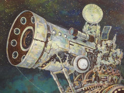 Rule 34 | acrylic paint (medium), building, cable, city, city lights, clock, commentary request, gears, highres, kemi neko, lens, night, night sky, no humans, original, outdoors, painting (medium), radio antenna, radio telescope, reflection, sky, skyscraper, solar panel, star (sky), starry sky, telescope, tower, traditional media