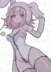Rule 34 | 1girl, :o, animal hat, arm warmers, blush, breasts, cleavage, commentary request, danganronpa (series), danganronpa 2: goodbye despair, donburi (minami don), eyelashes, fishnet thighhighs, fishnets, hat, highres, leotard, nanami chiaki, neck ribbon, official alternate costume, open mouth, pink eyes, pink hair, pink ribbon, playboy bunny, pom pom (clothes), rabbit hat, ribbon, shiny skin, solo, thighhighs, thighs, white leotard