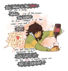 1other angry annoyed bottle bright-goat brown_hair cellphone chocolate_milk christmas_ornaments cup deltarune green_sweater holding holding_bottle holding_cup kris_(deltarune) medium_hair messy_hair phone resting santa_claus shouting single_horizontal_stripe soul_(deltarune) sweat sweater talking_on_phone trembling