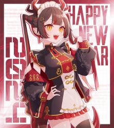 1girl 2024 :d absurdres black_hair black_jacket black_thighhighs breasts commentary_request dragon_print goshi-san hair_ornament hairclip happy_new_year highres jacket long_hair long_sleeves maid maid_headdress multicolored_hair new_year open_mouth orange_eyes original outline puffy_long_sleeves puffy_sleeves red_hair red_nails sharp_teeth slit_pupils smile solo streaked_hair tassel teeth thighhighs tongue triangle_hair_ornament unconventional_maid
