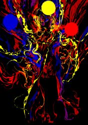 1girl abstract black_background black_skin chinese_clothes colored_sclera colored_skin crescent_print dalachi_(headdress) eico energy fiery_hair hair_between_eyes highres junko_(touhou) limited_palette looking_at_viewer no_feet one_eye_covered open_hand orange_hair phoenix_print red_sclera simple_background solo surreal touhou yellow_eyes