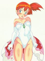 1girl aqua_eyes arms_at_sides bare_shoulders blush breasts cameltoe cleavage cosplay covered_navel creatures_(company) elbow_gloves embarrassed female_focus full_body game_freak gen_1_pokemon gloves goldeen goldeen_(cosplay) highres leotard looking_at_viewer misty_(pokemon) nintendo nose_blush open_mouth orange_hair pokemon pokemon_(anime) pokemon_(classic_anime) pokemon_ep043 shiny_skin short_hair shy side_ponytail standing strapless strapless_leotard white_footwear white_gloves white_leotard