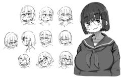 1girl blunt_bangs blush breasts glasses greyscale hagulamn jimiko large_breasts looking_at_viewer monochrome multiple_views neckerchief original school_uniform serafuku short_hair simple_background sweat white_background