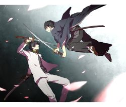 Rule 34 | 2boys, axis powers hetalia, black hair, dual persona, fighting, hakama, hakama skirt, japan (hetalia), japanese clothes, male focus, multiple boys, short hair, skirt, sword, weapon