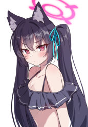 1girl animal_ear_fluff animal_ears bare_shoulders bikini black_bikini black_hair blue_archive breasts cleavage closed_mouth collarbone extra_ears frilled_bikini frills frown hair_ribbon halo highres long_hair looking_at_viewer off-shoulder_bikini off_shoulder pn_(wnsl216) red_eyes ribbon serika_(blue_archive) serika_(swimsuit)_(blue_archive) solo swimsuit twintails upper_body v-shaped_eyebrows