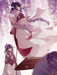 2girls absurdres blunt_bangs braid falling_petals flower genshin_impact hair_flowing_over hair_ornament highres hydrangea japanese_clothes light_smile long_hair makoto_(genshin_impact) mole mole_under_eye multiple_girls on_swing open_mouth petals purple_background purple_eyes purple_hair raiden_shogun siblings sin65644 single_braid sisters standing standing_on_swing swing swinging swinging_on_swing