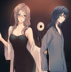 2girls angon623 black_background black_chemise black_eyes black_hair blonde_hair blue_eyes breasts chief_(path_to_nowhere) cleavage coat collarbone collared_shirt female_chief_(path_to_nowhere) floating floating_object glasses grabbing_another&#039;s_arm gradient_background grey_shirt hair_over_shoulder highres loose_clothes loose_shirt medium_breasts moore_(path_to_nowhere) multiple_girls non-humanoid_robot parted_bangs path_to_nowhere red-framed_eyewear robot semi-rimless_eyewear shirt single_bare_shoulder single_off_shoulder small_breasts smile upper_body white_coat