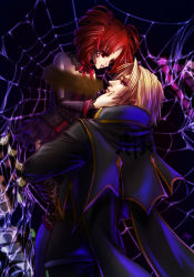 1boy 1girl amy_sorel artist_name bare_shoulders black_dress blonde_hair carrying choker dgr dress drill_hair eye_contact fishnet_legwear fishnets fur_trim gothic_lolita hand_on_another&#039;s_face lolita_fashion looking_at_another raphael_sorel red_hair signature soul_calibur soulcalibur_iv