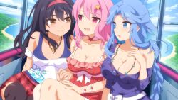 Rule 34 | 3girls, ahoge, black hair, blue eyes, blue hair, curtained hair, detached sleeves, game cg, gloves, hairband, jewelry, lilim (sakura cupid), mitsuki (sakura cupid), multiple girls, necklace, official art, pink eyes, pink gloves, pink hair, red hairband, sakura cupid, serra (sakura cupid), smile, thighhighs, wanaca, yellow eyes