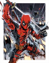 1boy arm_up belt bodysuit deadpool deadpool_(series) drum_(container) dual_wielding gun handgun hashtag-only_commentary highres holding holding_gun holding_sword holding_weapon looking_at_viewer male_focus marvel mask solo superhero_costume sword thigh_strap weapon weapon_on_back yotukuro