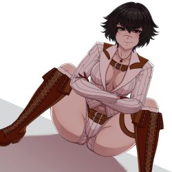 1girl absurdres belt black_hair boots breasts brown_boots cleavage devil_may_cry devil_may_cry_(series) devil_may_cry_4 gloves green_eyes heterochromia highres jacket jewelry lady_(devil_may_cry) lucky_zero navel navel_peek necklace no_bra red_eyes scar scar_on_face scar_on_nose simple_background sitting smile white_background white_jacket