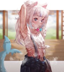 Rule 34 | 1girl, absurdres, adjusting hair, animal ears, armpits, arms up, blue eyes, blue hair, cat ears, fins, fish tail, gawr gura, gawr gura (casual), gills, gradient hair, hh (hehexd06161704), highres, hololive, hololive english, long hair, mouth hold, multicolored hair, official alternate costume, official alternate hairstyle, shark girl, shark tail, shirt, solo, sweat, tail, tied shirt, virtual youtuber, white hair, white shirt