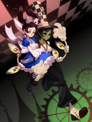 2girls aged_up alice_liddell_(american_mcgee&#039;s_alice) alice_liddell_(american_mcgee&#039;s_alice)_(cosplay) american_mcgee&#039;s_alice apron back_bow baggy_pants black_hair blood_on_clothes bloody_marie_(skullgirls) bow brown_hair carrying carrying_person checkered_background colored_skin cosplay crossover cyborg dress frilled_dress frills full_body gears gloves green_eyes green_skin grin hair_ornament hat holding holding_knife jewelry jupiter_symbol knife long_hair luxey_san mad_hatter_(alice_in_wonderland) mad_hatter_(alice_in_wonderland)_(cosplay) multiple_girls necklace omega_symbol pants peacock_(skullgirls) short_hair skull_hair_ornament skullgirls smile socks spats_(footwear) striped_clothes striped_socks top_hat