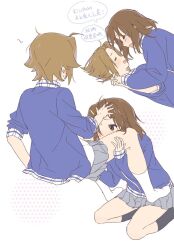 2girls :d black_socks blush brown_hair chinese_commentary grey_skirt hirasawa_yui holding holding_another&#039;s_thighs holding_hands jacket k-on! laughing long_sleeves multiple_girls open_mouth school_uniform shaofangziran shirt short_hair simple_background skirt smile socks sportswear sweat tainaka_ritsu tears translation_request white_background white_shirt white_socks yuri