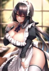 1girl absurdres alternate_costume apron black_dress black_hair blurry blurry_background blush breasts cleavage cup dandelion_(girls&#039;_frontline) detached_collar dress enmaided fingernails girls&#039;_frontline highres light_smile long_hair looking_at_viewer maid maid_headdress no_panties parted_lips smile solo table tray white_apron white_headdress white_mouth window xlscaler yellow_eyes