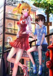 1boy 1girl amamiya_hibiya blonde_hair blurry breasts brown_eyes brown_hair blowing_bubbles building clothes_grab dappled_sunlight depth_of_field fire_hydrant grey_eyes highres hood hoodie kagerou_project kisaragi_momo legs logo long_legs luggage shoes shorts side_ponytail sign signpost sitting skirt sleeve_grab sleeveless sleeveless_hoodie sticker suitcase sunlight swordsouls tree