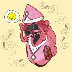 1girl aqua_eyes bandeau black_skin colored_skin female_focus flat_chest full_body gen_7_pokemon hands_up hat legendary_pokemon long_hair looking_at_viewer monya multicolored_eyes nintendo no_mouth one_eye_closed pink_eyes pink_hair pink_hat pokemon pokemon_(creature) sidelocks solo speech_bubble spoken_emoji tapu_lele white_bandeau wink
