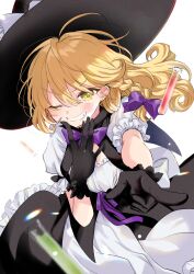 1girl absurdres apron black_gloves black_hat black_skirt blonde_hair blush bow braid gloves grin hair_bow hat highres kirisame_marisa long_hair looking_at_viewer one_eye_closed pointing pointing_at_viewer poprication puffy_short_sleeves puffy_sleeves purple_bow shirt short_sleeves side_braid simple_background skirt smile smug solo teeth test_tube touhou upper_body waist_apron white_apron white_background white_shirt witch_hat yellow_eyes