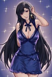 1girl adjusting_clothes black_hair blue_dress breasts brown_eyes cleavage dress earrings final_fantasy final_fantasy_vii final_fantasy_vii_remake highres jewelry kivavis large_breasts lipstick long_hair looking_at_viewer makeup official_art smile solo teeth tifa_lockhart tifa_lockhart_(refined_dress) very_long_hair wall_market