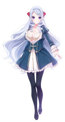 1girl bra bra_peek breasts cleavage full_body ginjou_nanami hair_tie highres lace lace-trimmed_bra lace_trim large_breasts long_hair long_sleeves omega_labyrinth_life purple_eyes school_uniform shoes simple_background thighhighs u35 underwear very_long_hair white_background white_bra white_hair