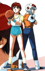 Rule 34 | 1990s (style), 1girl, absurdres, animage, ass, ball, basketball (object), boots, commentary, dual persona, english commentary, gloves, headgear, highres, holding, izumi noa, kidou keisatsu patlabor, magazine scan, multiple persona, police, police uniform, policewoman, red hair, retro artstyle, scan, science fiction, shoes, short hair, shorts, sneakers, takada akemi, traditional media, vest, wristband