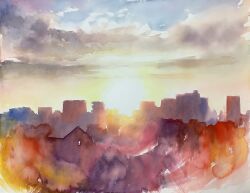 Rule 34 | apartment, blue sky, building, cloud, cloudy sky, day, didi daisukedoi, highres, house, no humans, original, outdoors, scenery, shadow, sky, sun, sunlight, sunset