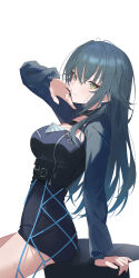 Rule 34 | 1girl, absurdres, black dress, breasts, cowboy shot, dress, from side, gakuen idolmaster, green eyes, grey hair, hair flaps, highres, idolmaster, long hair, long sleeves, looking at another, looking to the side, medium breasts, simple background, sitting, solo, straddling, sukaliya, thighs, tsukimura temari, white background