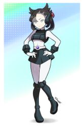 1girl absurdres armor black_armor black_boots black_hair blue_eyes bodysuit boots cosplay crossover full_body highres looking_at_viewer mario_(series) marnie_(pokemon) mighty_peach nintendo pokemon pokemon_swsh princess_peach princess_peach:_showtime! princess_peach_(cosplay) siczak signature solo visor_(armor) white_bodysuit