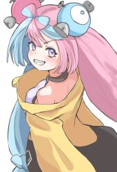 Rule 34 | bow-shaped hair, character hair ornament, hair ornament, hexagon print, highres, iono (pokemon), jacket, long hair, low-tied long hair, multicolored hair, nintendo, oversized clothes, pokemon, pokemon sv, riannn desu, sleeves past fingers, sleeves past wrists, split-color hair, teeth, two-tone hair, very long sleeves, yellow jacket