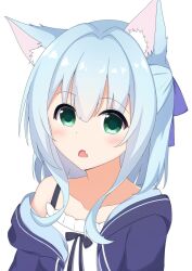 1girl animal_ear_fluff animal_ears blue_hair blue_hoodie blue_ribbon blush camisole cat_ears collarbone commentary d: eyes_visible_through_hair fang green_eyes hair_between_eyes hair_ribbon half_updo hamidashi_creative highres hood hood_down hoodie kemonomimi_mode looking_at_viewer medium_hair nishiki_asumi open_clothes open_hoodie open_mouth ribbon sidelocks simple_background single_bare_shoulder skin_fang solo tareme tuna_mayo0525 upper_body white_background white_camisole