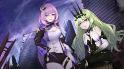 2girls absurdres bare_shoulders black_dress black_gloves black_shorts black_tiara blue_eyes breasts building center_opening cleavage clothing_cutout crossed_legs dress earrings elysia_(honkai_impact) elysia_(miss_pink_elf)_(honkai_impact) flareza gloves green_eyes green_hair hair_between_eyes hair_ornament hand_on_own_hip highres honkai_(series) honkai_impact_3rd jewelry large_breasts long_hair mobius_(honkai_impact) multiple_girls night night_sky ouroboros outdoors pink_hair ruins short_shorts shorts side_cutout single_glove sitting sky slit_pupils small_breasts spikes thighs tiara