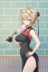 1girl absurdres ahoge bare_arms bare_shoulders black_dress black_gloves blonde_hair braid breasts bun_cover china_dress chinese_clothes clothing_cutout covered_navel cowboy_shot dress eyes_visible_through_hair eyewear_on_head fingerless_gloves from_side gloves hair_over_one_eye hand_fan hand_on_own_hip highres holding holding_fan looking_at_viewer medium_breasts pistacho0101 purple_eyes short_hair short_twintails side_slit single_glove sleeveless sleeveless_dress solo sunglasses sweety_(zenless_zone_zero) thighs twintails underboob_cutout zenless_zone_zero