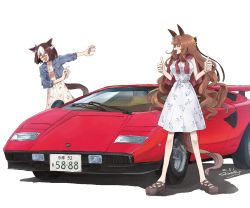 2girls animal_ears brown_hair brown_tail car commentary dated dizzy double_thumbs_up dress floral_print highres horse_ears horse_girl horse_tail jacket jacket_on_shoulders lamborghini license_plate maruzensky_(umamusume) motor_vehicle multicolored_hair multiple_girls name_connection object_namesake platform_footwear shaded_face shimady24 short_dress short_sleeves special_week_(umamusume) sports_car tail tearing_up thumbs_up two-tone_hair umamusume vehicle_focus white_hair