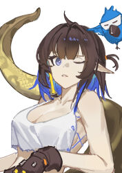 1girl absurdres arknights bird blue_bird breasts brown_gloves brown_hair cleavage eunectes_(arknights) eunectes_(forgemaster)_(arknights) gloves highres looking_at_viewer one_eye_closed pointy_ears purple_eyes snake_girl snake_tail solo tail upper_body vest white_background white_vest whitebuckleqwq