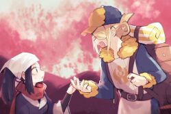 1boy 1girl akari_(pokemon) apron backpack bag belt belt_buckle black_eyes black_hair black_kimono blonde_hair blue_hat blue_jumpsuit blurry blurry_background brown_bag buckle newsboy_cap cherry_blossoms commentary_request from_side fur-trimmed_sleeves fur_trim ginkgo_guild_uniform hair_bun hat headscarf height_difference holding_hands japanese_clothes jumpsuit kimono leaning_forward long_hair looking_at_another multicolored_hat nintendo open_mouth outdoors pokemon pokemon_legends:_arceus ponytail print_apron red_scarf scarf short_hair sidelocks smile sstoh standing tears volo_(pokemon) white_apron white_headscarf yellow_hat