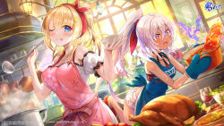 2girls alternate_costume apron arm_garter astoria_(azur_lane) azur_lane bandaid bandaid_on_face blonde_hair blue_apron blue_eyes blush breasts closed_mouth commentary cooking copyright_name cowboy_shot cranberry crossed_bangs cup dark-skinned_female dark_skin day dress drinking_glass dutch_angle english_commentary floral_print flower food foot_out_of_frame fruit hair_between_eyes hair_ornament hair_ribbon half_updo halterneck heart heart_hair_ornament highres hokuyuu holding holding_ladle indoors kitchen ladle lemon lemon_slice logo long_hair medium_breasts medium_hair minneapolis_(azur_lane) multiple_girls official_art one_eye_closed open_mouth oven_mitts pink_apron plate ponytail pot purple_eyes red_ribbon ribbon salad salad_bowl second-party_source short_shorts shorts silver_hair smile spilling steam sunlight thanksgiving tongue tongue_out turkey_(food) watermark white_dress white_shorts window wine_glass