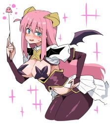 1girl alternate_costume bat_wings bending blue_eyes blush bocchi_the_rock! breastless_clothes breasts corset cosplay cowboy_shot cross cross-shaped_pupils cross_pasties forward-facing_horns from_side gotoh_hitori gotoh_hitori_(octopus) hair_between_eyes hand_on_own_hip highres horns leaning_forward long_hair long_sidelocks looking_at_viewer lowleg lowleg_pants magia_baiser magia_baiser_(cosplay) magical_girl mahou_shoujo_ni_akogarete navel open_mouth pants pasties pink_hair purple_corset revealing_clothes riding_crop showgirl_skirt sideboob sidelocks simple_background sparkle symbol-shaped_pupils toriyarou very_long_hair wings yellow_horns
