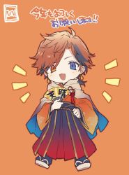 1boy ahoge black_hair chibi hand_fan heterochromia holostars japanese_clothes looking_at_viewer male_focus mebaru mole mole_under_eye multicolored_hair open_mouth orange_eyes orange_hair purple_eyes shirt short_hair smile virtual_youtuber yukoku_roberu yukoku_roberu_(3rd_costume)