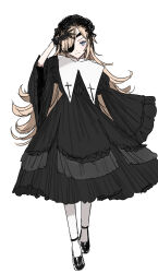 Rule 34 | &gt;:), 1girl, absurdres, arm up, black dress, black gloves, black shoes, blonde hair, blue eyes, closed mouth, commentary request, cross, dress, eyepatch, gloves, goddess of victory: nikke, guillotine (nikke), hairband, hand on own head, highres, kumo tabetai, light smile, lolita hairband, long dress, long hair, looking at viewer, shoes, simple background, sleeves past wrists, solo, standing, v-shaped eyebrows, very long hair, very long sleeves, white background