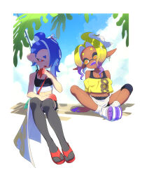 2girls absurdres bare_arms bare_shoulders black_bra black_shorts blonde_hair blue_hair bra breasts cephalopod_eyes chest_sarashi colored_extremities colored_eyelashes colored_tongue crop_top cross-shaped_pupils dark-skinned_female dark_skin earrings fangs fingernails frye_(splatoon) frye_(splatoon_raiders) full_body gradient_hair grey_thighhighs hair_bun hair_over_one_eye highres horizontal_pupils inkling jewelry knee_pads long_eyelashes long_pointy_ears looking_at_another midriff multicolored_hair multiple_girls navel nintendo octoling off-shoulder_shirt off_shoulder official_alternate_costume one_eye_covered open_mouth parted_bangs pointy_ears purple_hair purple_tongue red_eyes red_sandals sandals sarashi sharp_fingernails shirt shiver_(splatoon) shiver_(splatoon_raiders) short_hair shorts shorts_under_skirt single_hair_bun single_knee_pad sitting skirt small_breasts smile socks splatoon_(series) splatoon_raiders surume01417 symbol-shaped_pupils tentacle_hair thighhighs toeless_socks underwear white_sandals white_skirt white_socks yellow_eyes yellow_shirt