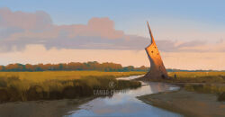 Rule 34 | architecture, cambocreation, cloud, dawn, grass, landscape, original, painterly, river, scenery, sky, tower, watermark, wetland