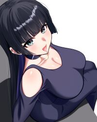 1girl aqua_eyes bare_shoulders bigthirteen0301 black_choker black_dress black_hair blunt_bangs blush bocchi_the_rock! breasts choker cleavage clothing_cutout collarbone colored_inner_hair curvy dress ear_piercing earclip face_piercing from_above goth_fashion happy highres labret_piercing large_breasts long_dress long_hair looking_at_viewer multicolored_hair open_mouth pa-san piercing purple_hair shoulder_cutout sitting solo straight_hair two-tone_hair