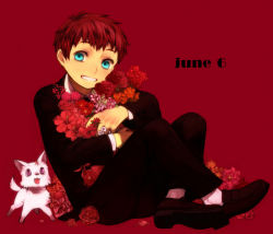 00s 1boy bad_id bad_pixiv_id blue_eyes dog flower formal_clothes full_body gado-boa gaignun_kukai_jr. jr. loafers male_focus plant purple_eyes red_hair shoes simple_background smile solo suit xenosaga