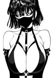 1girl absurdres bondage_outfit breasts cleavage commentary cosplay elbow_gloves english_commentary fubuki_(one-punch_man) gloves greyscale highres huge_breasts kaijin_hime_do-s kaijin_hime_do-s_(cosplay) large_breasts looking_at_viewer mask monochrome mostlybluewyatt mouth_mask one-punch_man short_hair solo