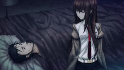 1boy 1girl adam&#039;s_apple arm_belt beard_stubble bed bed_sheet bedside belt black_hair black_pantyhose black_shorts breast_pocket breasts brown_hair brown_jacket closed_eyes closed_mouth coat collared_shirt facial_hair frown game_cg hair_between_eyes hair_over_breasts hair_over_shoulder highres huke indoors jacket jacket_partially_removed lab_coat leather_belt long_sleeves makise_kurisu messy_hair narrowed_eyes necktie night non-web_source official_art okabe_rintarou on_bed pantyhose pink_lips pocket purple_eyes purple_trim red_necktie ringed_eyes sad shiny_lips shirt short_hair shorts sitting sleeping small_breasts square_pupils steins;gate steins;gate:_linear_bounded_phenogram stubble under_covers white_belt white_coat white_shirt worried