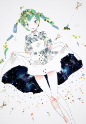 1girl abstract aqua_hair bare_legs belt blue_belt blue_dress blush collared_dress commentary_request dress feet_out_of_frame hatsune_miku junjou_skirt_(vocaloid) long_hair looking_at_viewer masking_tape_(medium) mixed_media open_mouth puffy_short_sleeves puffy_sleeves short_sleeves skirt_hold solo starry_sky_print straight-on traditional_media twintails two-sided_dress two-sided_fabric two-tone_dress unconventional_media vocaloid white_background white_dress yua_(mokamoka9103)