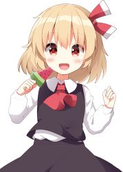 Rule 34 | 1girl, :d, ascot, black skirt, black vest, blonde hair, blush, collared shirt, commentary, cowboy shot, food, hair ribbon, hands up, highres, holding, holding food, long sleeves, looking at viewer, open mouth, popsicle, red ascot, red eyes, red ribbon, ribbon, rumia, ruu (tksymkw), shirt, short hair, simple background, skirt, skirt set, smile, solo, touhou, vest, watermelon bar, white background, white shirt