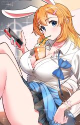 Rule 34 | 1girl, alternate costume, animal ears, bag, blue eyes, bracelet, breasts, bubble tea challenge, charlotte e. yeager, contemporary, drinking, hair ornament, highres, hiroshi (hunter-of-kct), holding, jewelry, large breasts, looking at viewer, low neckline, orange hair, phone, rabbit ears, shirt, sitting, skirt, strike witches, white shirt, world witches series