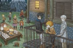 2girls 6+boys ahoge ayks black_coat black_hair blonde_hair blue_eyes blue_neckwear boots bread brown_coat brown_eyes brown_footwear cabin coat coffee_mug cup dark_skin don_(yakusoku_no_neverland) emma_(yakusoku_no_neverland) closed_eyes food freckles gilda_(yakusoku_no_neverland) glasses green_eyes green_hair hair_over_eyes highres lannion_(yakusoku_no_neverland) mittens mountain mug multiple_boys multiple_girls neck_tattoo night norman_(yakusoku_no_neverland) number_tattoo open_mouth orange_hair phil_(yakusoku_no_neverland) plate ray_(yakusoku_no_neverland) salad smile stool stuffed_animal stuffed_rabbit stuffed_toy table tattoo thoma_(yakusoku_no_neverland) tree utensil white_hair yakusoku_no_neverland